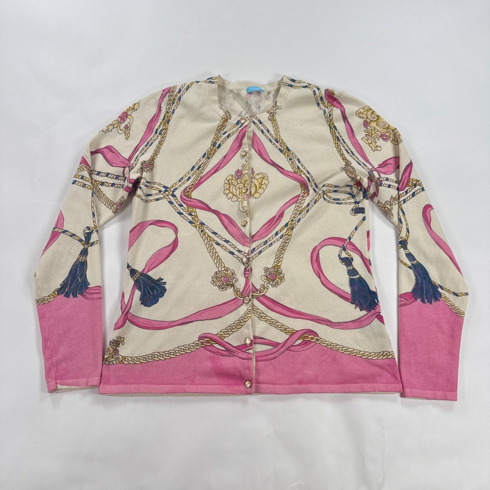 J McLaughlin Cardigan Sweater Womens S Equestrian Scarf Pink Gold Tassel Pearl
